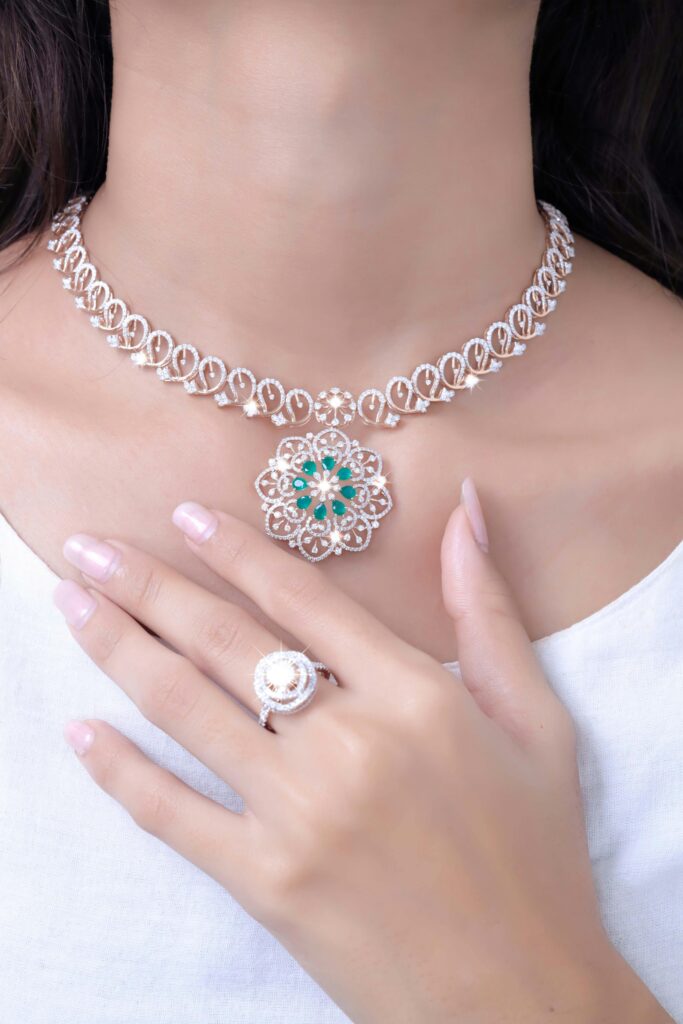 Close-up of a woman's hand with diamond jewelry, showcasing elegance and luxury.