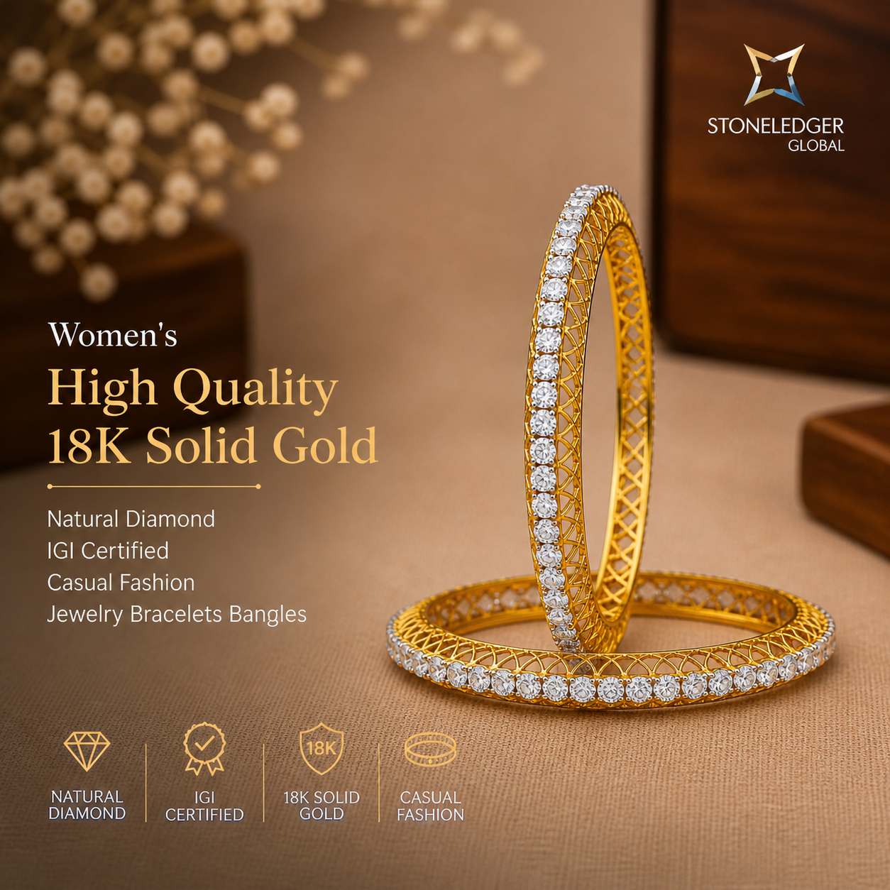 18K Solid Gold Natural Diamond Bangles – IGI Certified