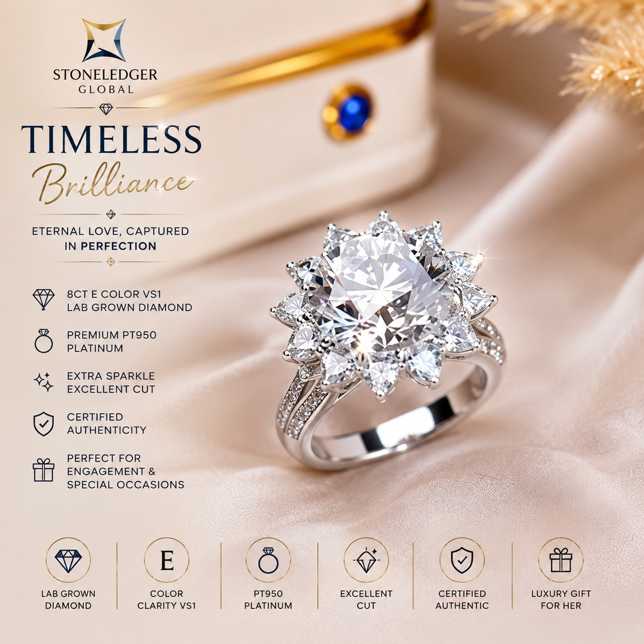 PT950 Platinum 8CT Lab Grown Diamond Floral Halo Engagement Ring