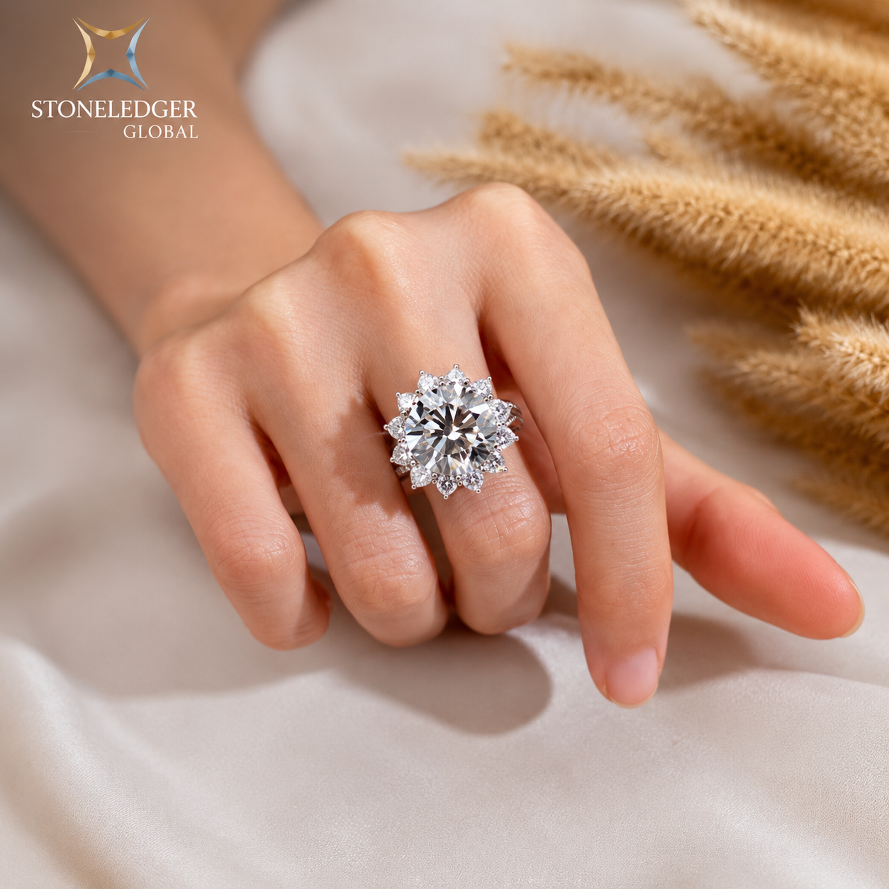 PT950 Platinum 8CT Lab Grown Diamond Floral Halo Engagement Ring