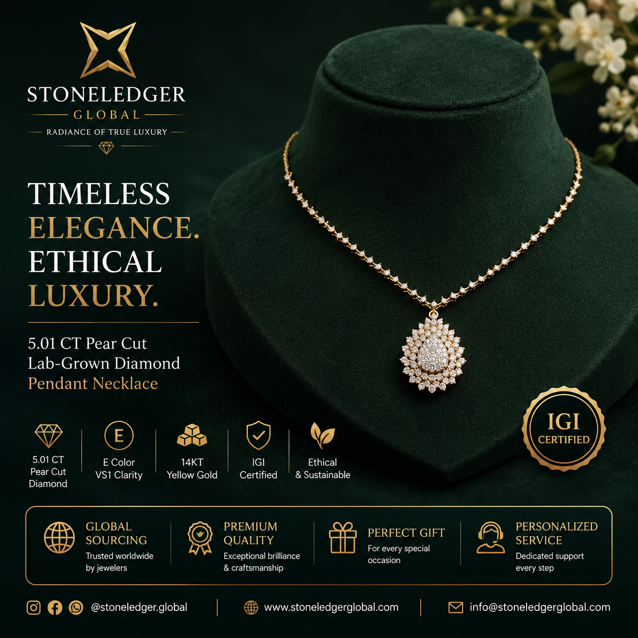 Luxe Pear Halo Diamond Pendant Necklace – 18K Gold
