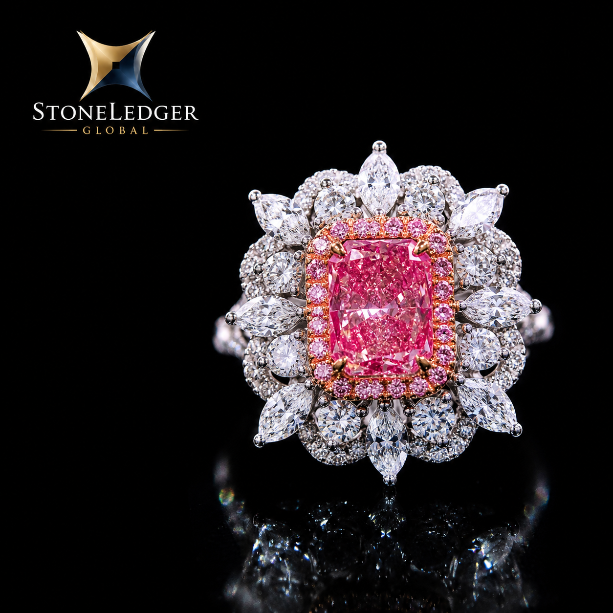 18K White Gold Luxury Pink Diamond Halo Ring
