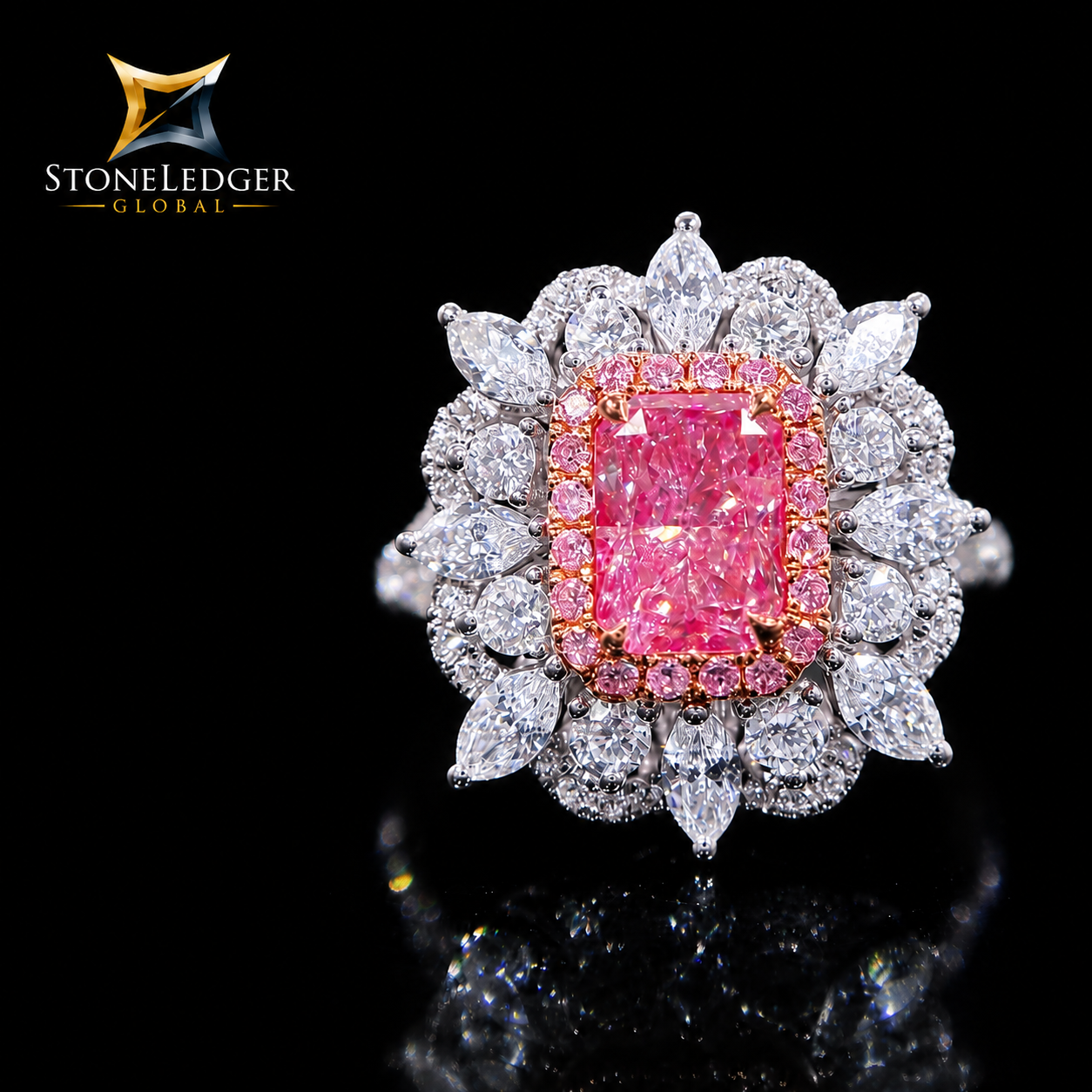 18K White Gold Luxury Pink Diamond Halo Ring