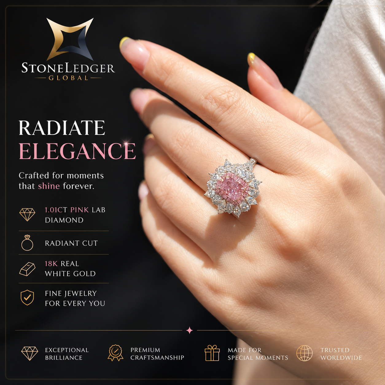 18K White Gold Luxury Pink Diamond Halo Ring