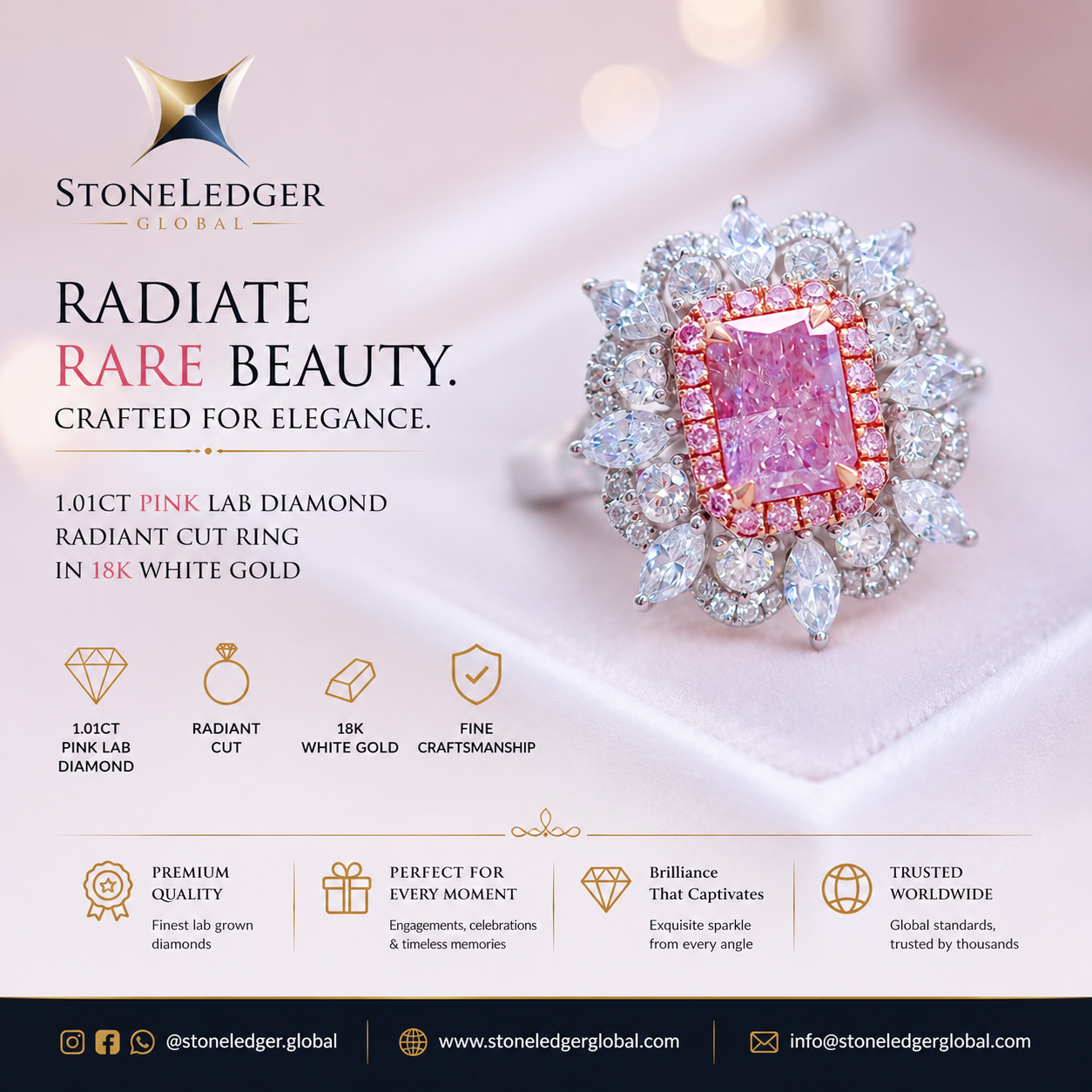 18K White Gold Luxury Pink Diamond Halo Ring